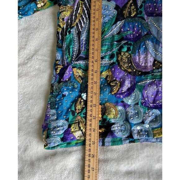 Vintage Shirt Large Floral Silk Beaded Art Wear Artsy Multi Print Sequins Pearl - Picture 5 of 9